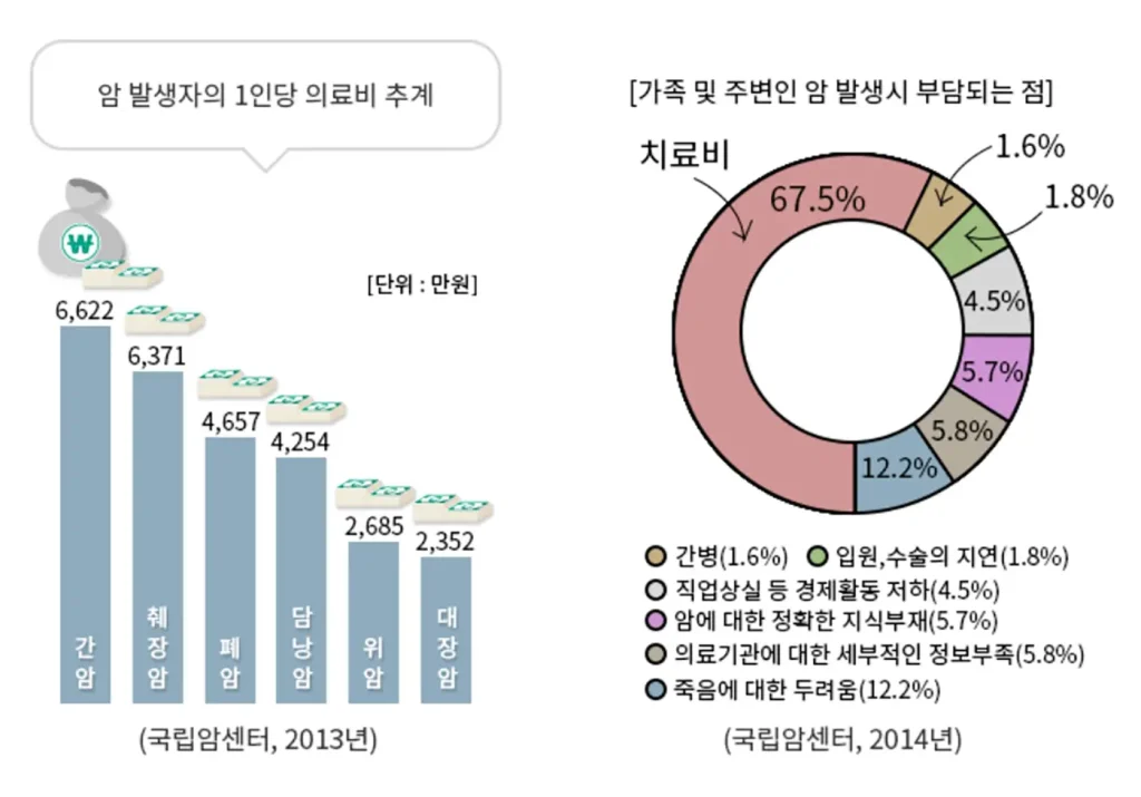 암 발병자의 1인당 의료비 추계와 가족 및 주변인의 부담 요소 (국립암센터, 2013-2014년)
